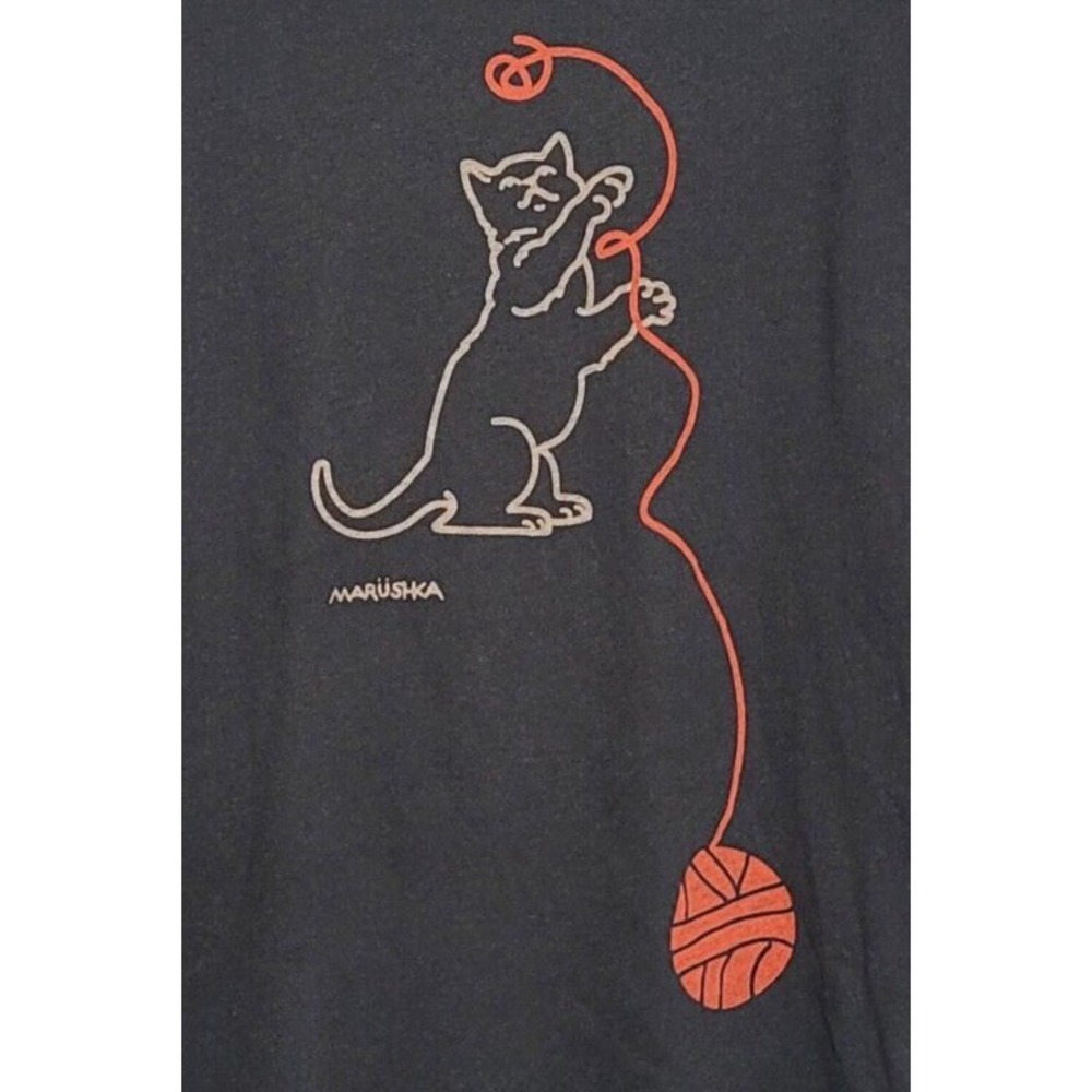 Marushka Hand printed T-shirt Cat Kitten Play Yarn Art Tunic Black Long XXL 2X